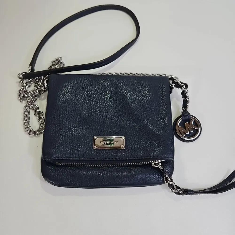 MICHAEL KORS Corinne Pebbled Leather Messenger Bag Flap Crossbody Purse Blue